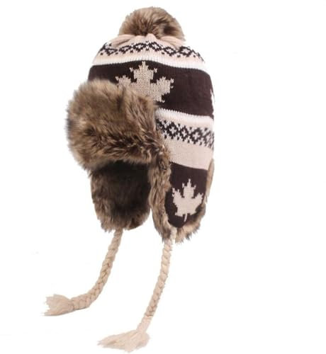 QICHEN Damen Winter Mütze Strick Fliegermütze Ohrenschützer Trapper mütze Warm Fellmütze (Beige-A)