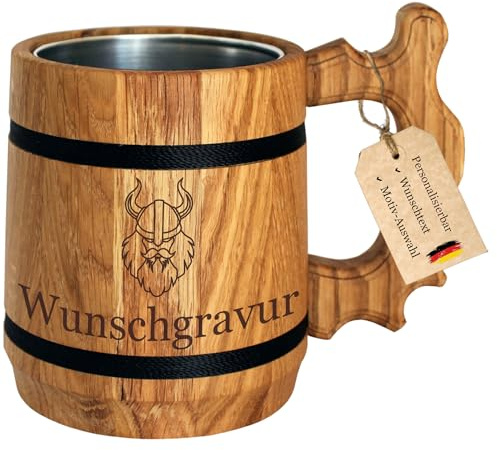 Wikinger Bierkrug mit Gravur - Geschenk für Bier- und Mittelalterfans, Holz Becher mit Name + Motiv - Alternative zum Met Horn, Trinkhorn und Bierstein