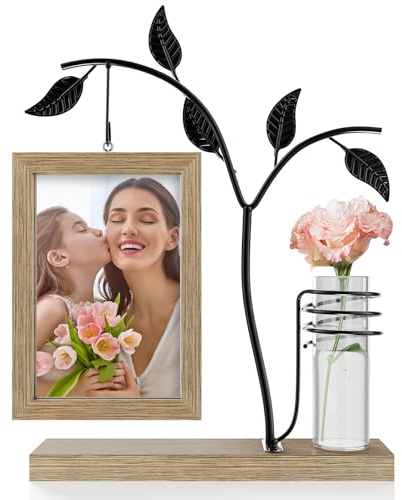 Aresvrgo Marco de Fotos 10x15 Personalizado,Marcos Dobles para Fotos para 2 Fotos,con áRbol De Metal y JarróN de Cristal,Portaretratos para Fotospara,Regalos Familiares y Amigos (Marrón claro)