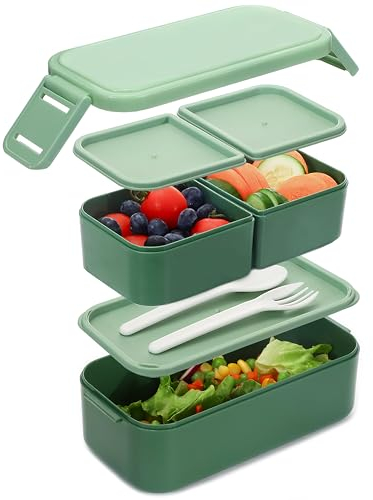 Bugucat Bento Lunch Box 1300ML,2 in 1 Stackable Lunch Box Bento Boxes,2 Layer 3 Compartments Leak Proof Lunchbox for Adults Kids,Snack Box Lunch Box with Compartments for School Office Camping Green