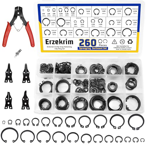 Erzekrim 261 pezzi Set di anelli di sicurezza C-clip 24 diverse dimensioni 4M-30M Set di anelli di sicurezza E-Clip con set di pinze per rondelle esplosibili 4-in-1 per fissaggio, stoccaggio