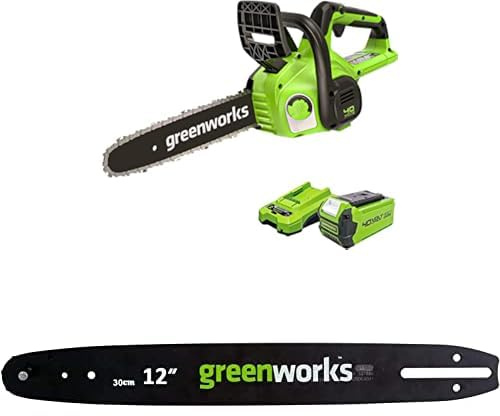 Greenworks Akku Kettensäge mit Akku und Ladegerät, 12 Zoll (30 cm) Blattlänge, 40V 2Ah Akku + Greenworks 30cm Original Führungsschiene für Kettensäge