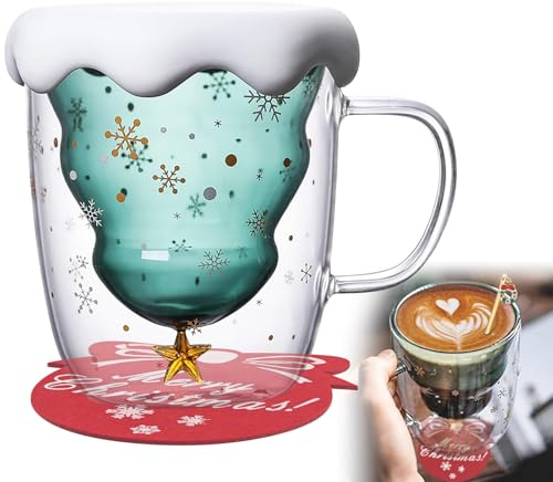 Lot de tasses de Noël - Tasse à café - Double paroi - En verre - Avec couvercle et poignée - Cuillère à mélanger et soucoupe - Cadeaux de Noël - 300 ml