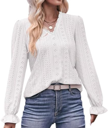 Feelorna Blusas para mujer con cuello en V, camisas de manga larga sueltas informales, elegantes túnicas modernas con puños de volantes para primavera y otoño, Blanco, M