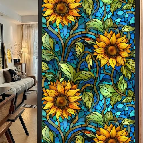 Película de Privacidad No Adhesiva para Ventana con Diseño de Girasol y Flores - 45x100 cm, Bloqueo de Sol