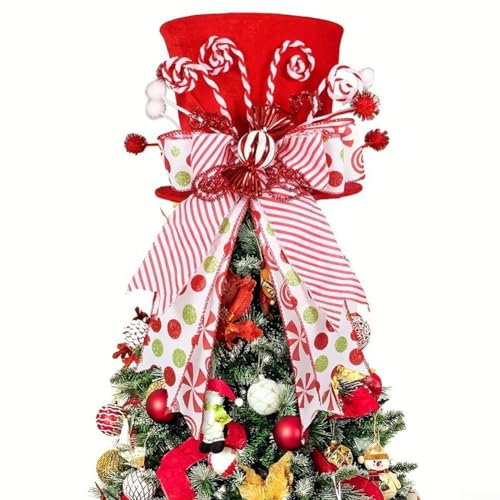 Oniissy Puntale per albero di Natale, cappello pieghevole con fiocco di canna di zucchero in tessuto lavabile, ornamento festivo, decorazione per la casa, rosso, bianco, verde, riutilizzabile,