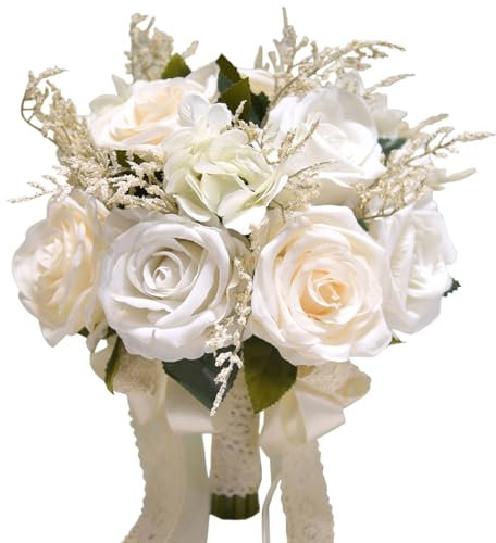 NIDONE Hochzeitssträuße für Braut, 9,1 Zoll weiße Brautsträuße für Braut, künstliche Rosenstrauß, Blumenstrauß mit Seidenband für Valentinstagszeremonie, Hochzeitsstrauß für Braut