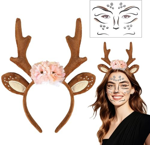 JIEBAO Rentier Haarreif, Geweih Haarreif + Reh Gesichtstattoo, Reh Haarreif, Haarreif Rentier, Reh Haarreif Damen, Reh Kostüm Damen, Rentier Kostüm für Karneval Fasching Cosplay Halloween Party