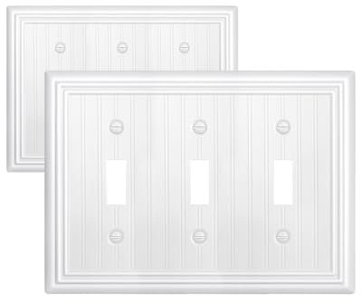 ZILLSEA Paquete de 2 cubiertas de interruptor de luz de triple palanca de color blanco puro, cubiertas de placa de interruptor de metal, diseño clásico de tablero de cuentas, 3 bandas, 6.77 x 4.88