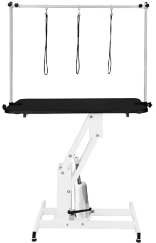 Tavolo Idraulico Toelettatura Cani - Altezza 55-101 cm, Capacità 180 kg, Bianco - Piano Nero, Antiscivolo 106x61 cm, Acciaio Bianco, Piedini Livellanti, 3 Guinzagli