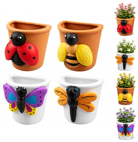 Lizzy Insect Wall Planters Set of 4 Hanging Clay Plant Pots Bee Butterfly Ladybird Dragonfly Wall Mounted Planters for Indoor Outdoor Garden Balcony Decorative Flower Pots UK