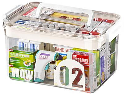 Medicine Storage Box, 2-Layer First Aid Box Case Plastic Medication Cabinet Organizer, with 7 Compartments Lid Handle and Safety Lock, Multi-Purpose Storage Box, for Home Office Usage, 31.7*21*17cm