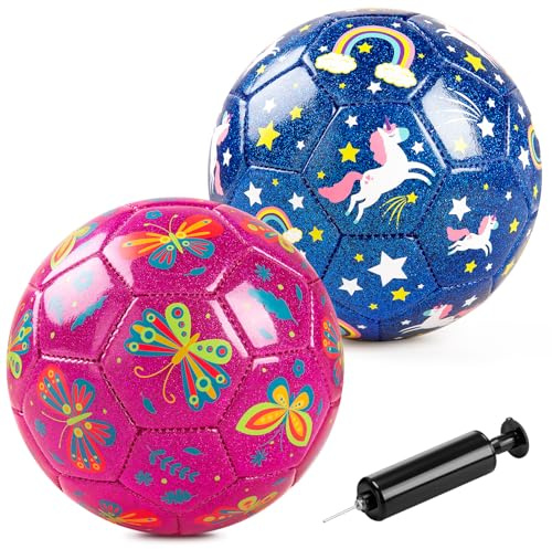 Vastoy Size 2 Toddler Football for 3-6 Year Olds - Kids Football with Unicorn & Schmetterling Patterns, Kids Soccer Ball, Garden Game Ball Gift Set with Pump & Mesh Bags (Blue&Pink)