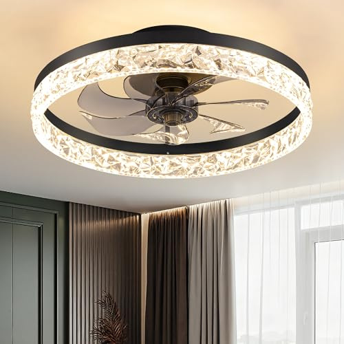 NEWSEE 15.8 Low Profile LED Ceiling Fans with Light, Reversible Flush Mount with Remote and 6 Wind Speeds Fan Lighting, Dimmable in 3 Colors for Kids, Kitchen, Living Room, and Bedroom (Black)