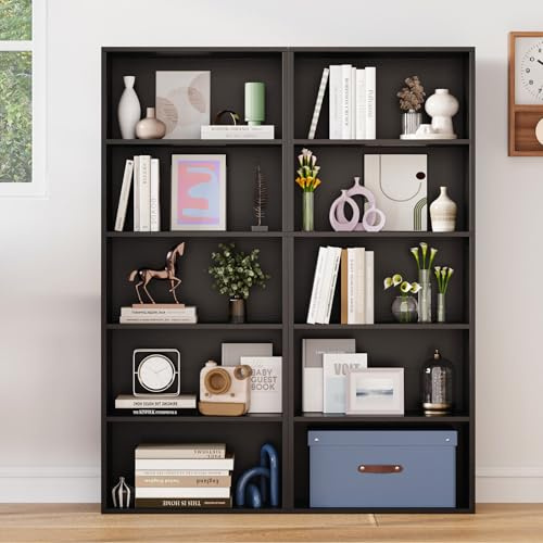 Nordivale Regal Schwarz 20 cm Tief, 5-Ebenen Bücherregal, Standregal, Offenes Regal Holz, Würfelregal, Gücherschrank, Bookshelf für Wohnzimmer, Schlafzimmer, Büro, Arbeitszimmer, 2 Pack