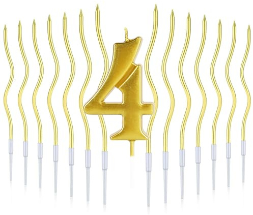 DazzJoy Goldene Kerze 4 Geburtstag, 13 Stück Geburtstagskerze 4 und Spiral Kerzen für Torte, Geburtstag Kerzen 4 Gold, Geburtstagskerzen Zahlen 4 Kuchen Deko, Kerzen Geburtstagskuchen 4 Tortendeko