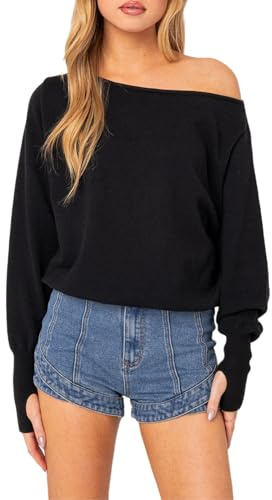 ESSECMBS Pull Femme Épaule Dénudée Asymétrique, en Crochet Manches Longues Col Bateau, Pull Epaules Dénudées Femme Passe Pouce (Noir, L)