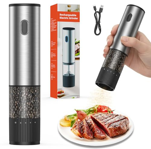 BZGG Electric Salt and Pepper Grinder, Rechargeable Pepper Mill with Adjustable Grind Coarseness, 60ml Refillable Salt Grinder, One-Touch Operation, Quiet Operation for Kitchen & Dining, Black