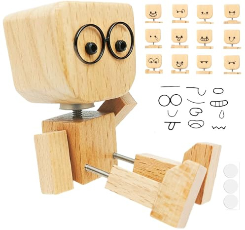 Dongcill Figurine d'homme en Bois Secoué,Petit Bonhomme en Bois,avec 12 Expressions Magnétiques,Décoration de Voiture,pour Voyage,Trajets et Maison