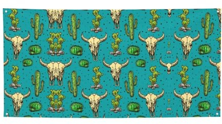 Bonito cartel de fiesta con estampado de cactus y calavera de toro, pancarta para todos los eventos, banderas brillantes para cumpleaños, Acción de Gracias y más