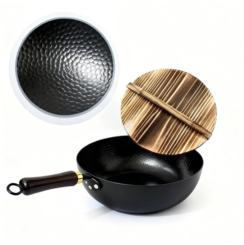 Calmabode 10 Pre-Seasoned Carbon Steel Wok - Fast, Even Heating - Works on Gas, Electric & Induction - Durable Commercial-Grade - Ready-to-Use, Easy Maintenance - Toxin-Free Cooking - Deep Pan