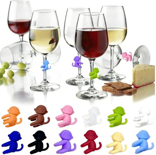 AEKZOX Set da 12 Segnabicchieri in Silicone Riutilizzabili con Ventose, Decorazioni per Bicchieri da Festa per Bar e Riunioni (Design a Forma di Scimmia)