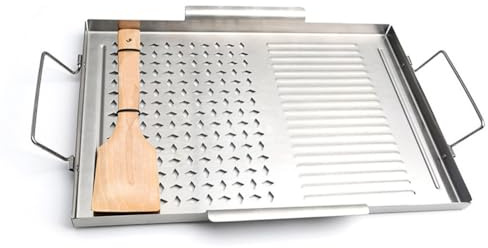 Homeponnew Placa de parrilla antiadherente de acero inoxidable para cocinar al aire libre e interior, 43 x 29,2 cm, sartén grande con asas ergonómicas