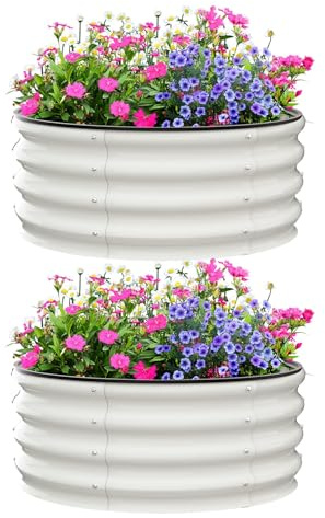 Aptliton Round Raised Garden Bed 2 * 2 * 1FT, Metal Galvanized Planter Box for Vegetables Flowers Herbs, Outdoor Elevated Garden Planter with Safety Edge for Patio Backyard Lawn, White