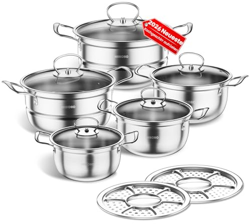 Set di pentole in acciaio inossidabile, grande set di pentole per piano cottura a induzione, pentole con coperchio in vetro e casseruola con manico, 12 pezzi, set di pentole adatto a tutti i tipi di