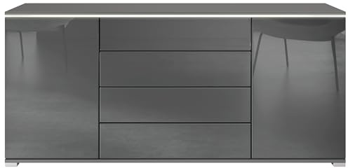 Vladon Sideboard Faro V2 - Kommode mit 2 Türen & 4 Schubladen, Schrank mit LED Lichtleiste, Anthrazit matt/Grau Hochglanz (166,5 x 75,5 x 35)