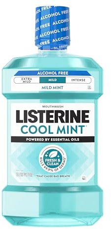 Listerine Cool Mint Alcohol-Free Mild Mouthwash, Oral Rinse Kills 99.9% of Germs that Cause Bad Breath, Less Intense Taste, Mild Mint Flavor, 1.5 L
