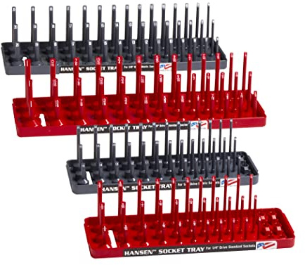 Hansen Global 92003 SAE & Metric, 3-Row Socket Tray Set - 4-Pieces, Red & Grey