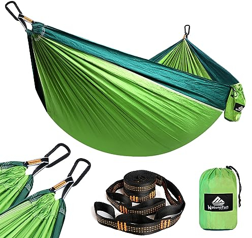 NATUREFUN Ultraleichte Reise Camping Hängematte | 300kg Tragkraft (275 x 140 cm) Atmungsaktiv, Schnelltrocknendes Fallschirm Nylon | 2 x Premium Karabiner,2 x Schlingen| Drinnen Draußen Garten