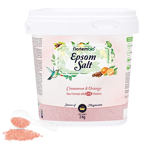 Nortembio Sali di Epsom 100% Fragranza Cannella e Arancia 3 kg – Fonte Naturale di Magnesio | Con Vitamina C ed E Idratante | Per Bagni Rilassanti, Spa e Cura della Pelle + E-Book Gratuito