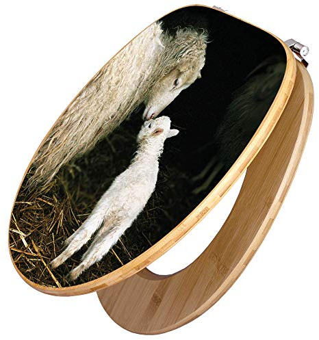 banjado Design WC Sitz Bambus 45x37,5cm / Toilettendeckel Holz/hochwertiger Toilettensitz/Bambus-Toilettendeckel für alle gängigen Toiletten - Schaf Und Lamm