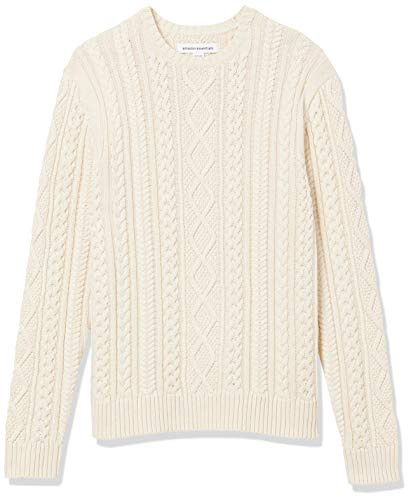 Amazon Essentials Maglione da Pescatore Girocollo a Coste a Manica Lunga in Cotone 100% Uomo, Bianco Sporco, M