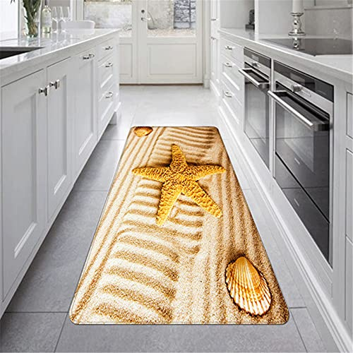 Stillshine. Teppich Läufer für Flur Küche Schlafzimmer Wohnzimmer 3D Sommertag Sandstrand Seestern Hülse Muster Läufer rutschfest Bad Teppiche Weich und Waschbar Lange Fußmatten (Farbe 5,60×180 cm)