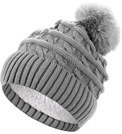 Sibba Bommelmütze für Damen, Wintermütze, Thermo-Fleece-gefütterte Mütze, Damen-Strickmütze, Wollmützen mit Kunstfell-Bommel