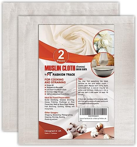 FT Fashion Track Muslin Cloths for Cooking, Cheese Cloths for Straining, 2 Pcs for Baking and Filtering, 50 x 50cm, Grade 90 Lint-Free 100% Unbleached Cotton Reusable Fabric