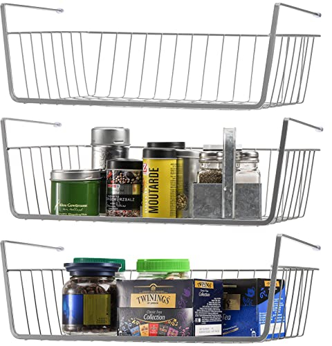 Jucoan 3 Pack Under Shelf Baskets, 38 x 25.4 x 14 cm Slide in Wire Hanging Storage Baskets Under Cabinet Shelf Storage Baskets for Kitchen Pantry Cupboard Closet Bookshelf