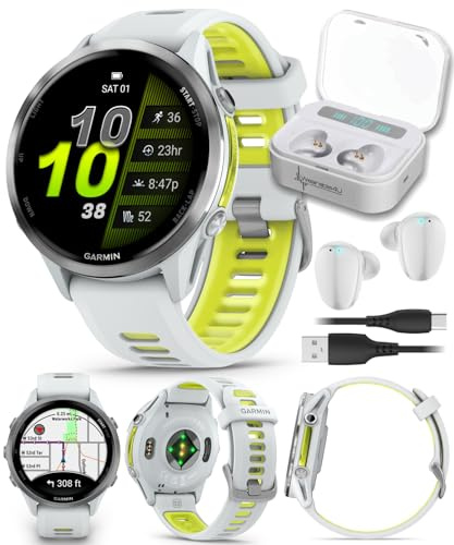Garmin Forerunner 955, GPS Running Smartwatch, Tailored to Triathletes, Long-Lasting Battery, Whitestone with Wearable4U White Earbuds Bundle