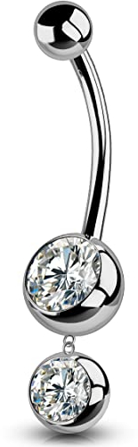 OUFER 14G Bauchnabelpiercing Ring Titan 16 mm Stablänge Piercing Bauchnabel Lang Dangle CZ Kugeln Titanium Belly Button Piercing Navel Bars Silber Nabelring Frau Mann Schmuck
