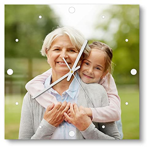 DEQORI Reloj de cristal personalizado con foto, 30 x 30 cm, diseño de lunares, color negro, diseño silencioso de cristal, reloj de pared para sala de estar y cocina, reloj moderno para la pared