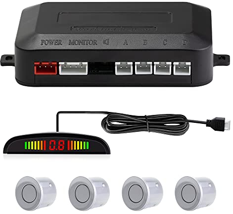 Einparkhilfe mit 4 Vorne Hinteren Parksensoren mit Summer LED-Anzeige (4 Sensoren, Silber)