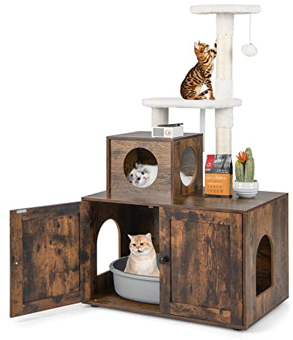 GOPLUS Arbre à Chat avec Bac à Litière, Coussin, Balle Suspendue, Niche, Griffoir en Sisal, Conception Anti-Bascule, Style Industriel, 77,5 x 49 x 132 cm, Marron Rustique