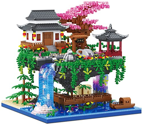 HIGH GODO Blumen Pfirsichblüten Teich Botanical Haus mit LED, 3320 Stück Micro Bausteine Architekture Baumhaus Garten Modell, Creative Klemmbausteine Geschenk für Jugendliche Erwachsene Frauen