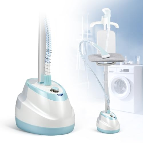 Hapyvergo Garment Steamer for Clothes Standing Flat Hanging Ironing Suitable for All Fabric Types, Rapid Heats in 25s for 1 Hour Continuous Steam, with Garment Hanger, Ironing Board, Ironing Gloves