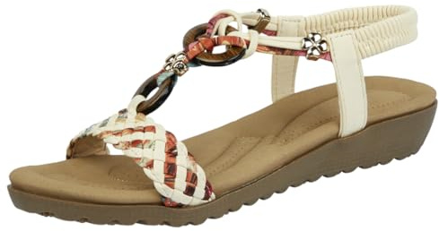 Yinka Shoes Marrakesch Damen-Sandalen mit T-Steg, niedriger Keilabsatz, beige, 39 EU