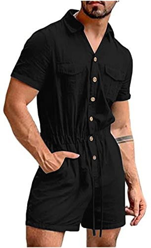 Lässige Jumpsuits mit Taschen: Sommer-Jumpsuit, kurz, Herren-Loungewear-Set, Baumwoll-Leinen-Latzhose, Ober- und Hosen-Sets, Herren, Sommer, schmal, einteilige Hose, modisch, lässig,