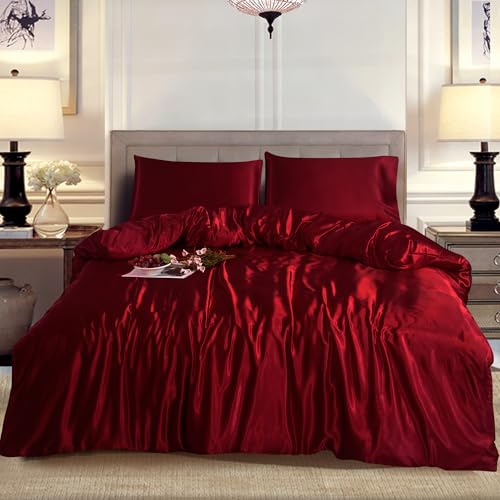 ROOEE Silk Satin Duvet Cover with Pillowcases Bedding Set for Single Double King Size Bed Easy Care Luxury Ultra Soft Quilt Cover (BURGUNDY, Double)